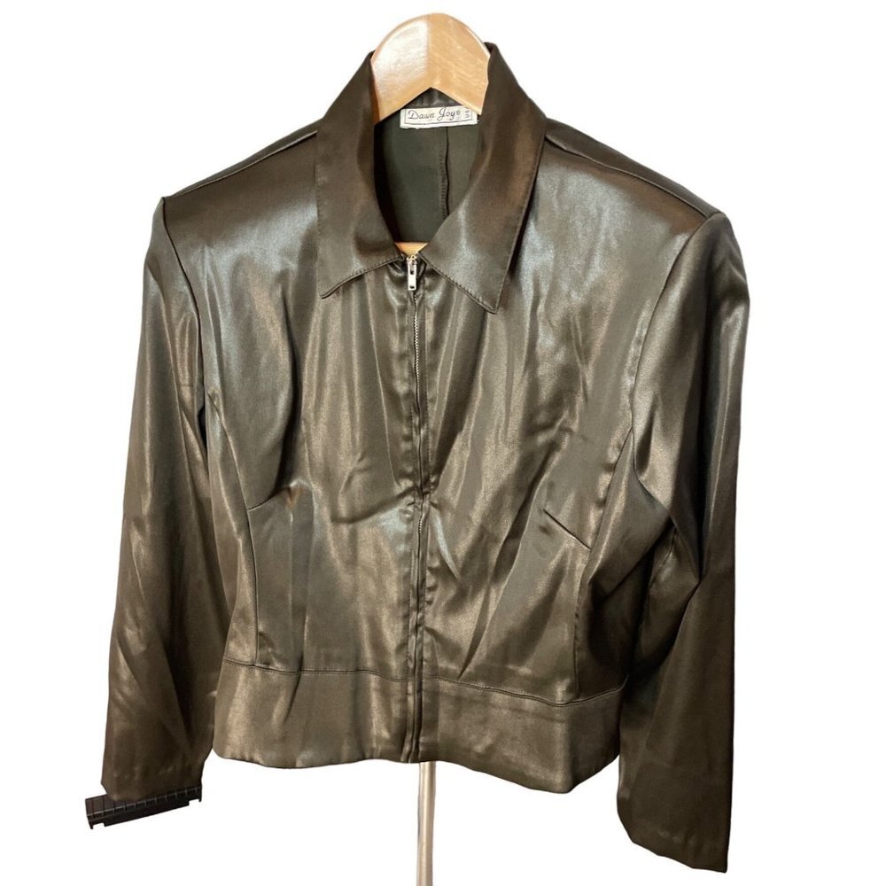Vintage 90s Dawn Joy Black Satin Full Zip Made in USA Jacket